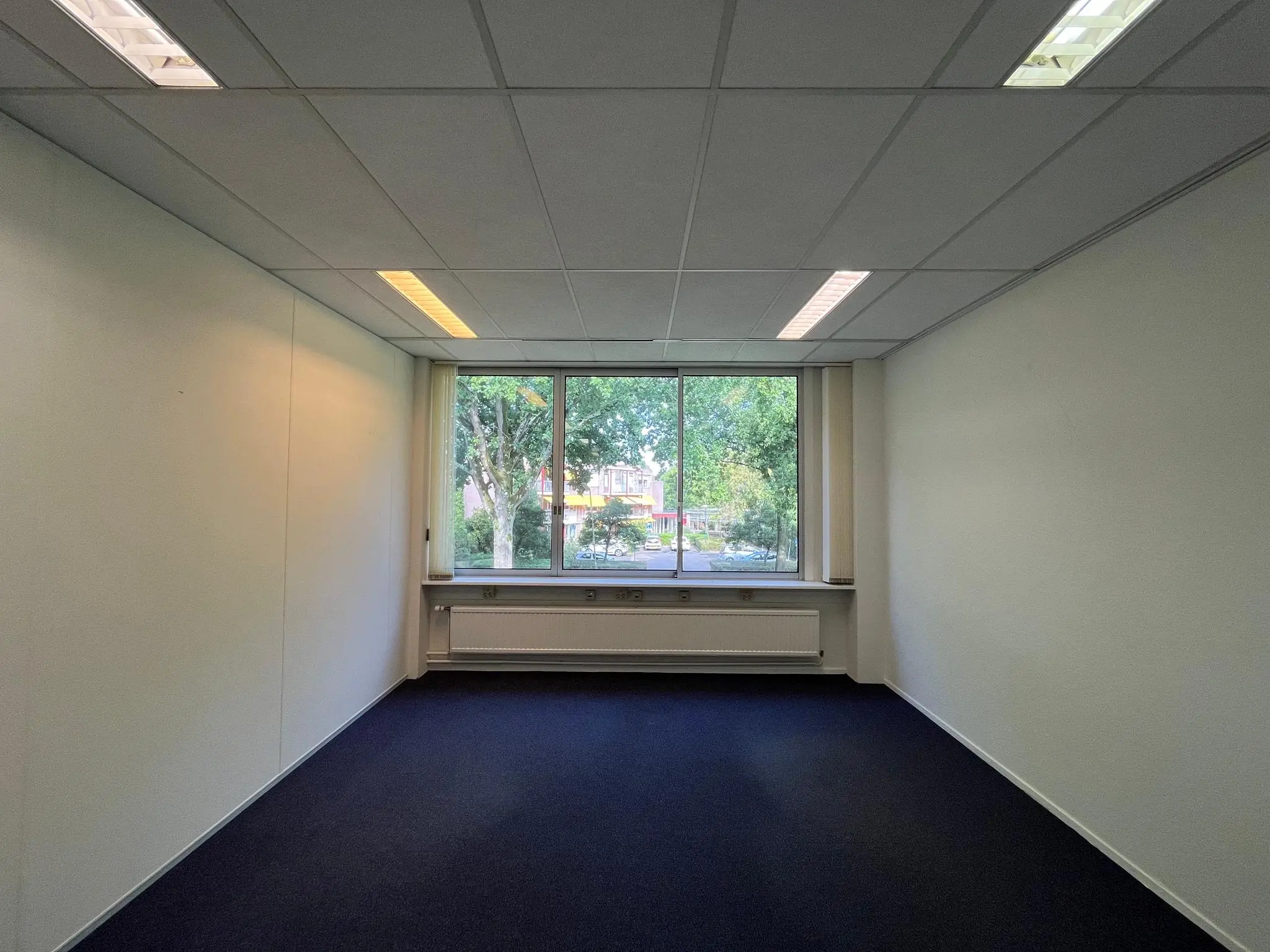 Lege kantoorruimte aan de Jan van Eycklaan met groot raam en uitzicht op bomen en straat.